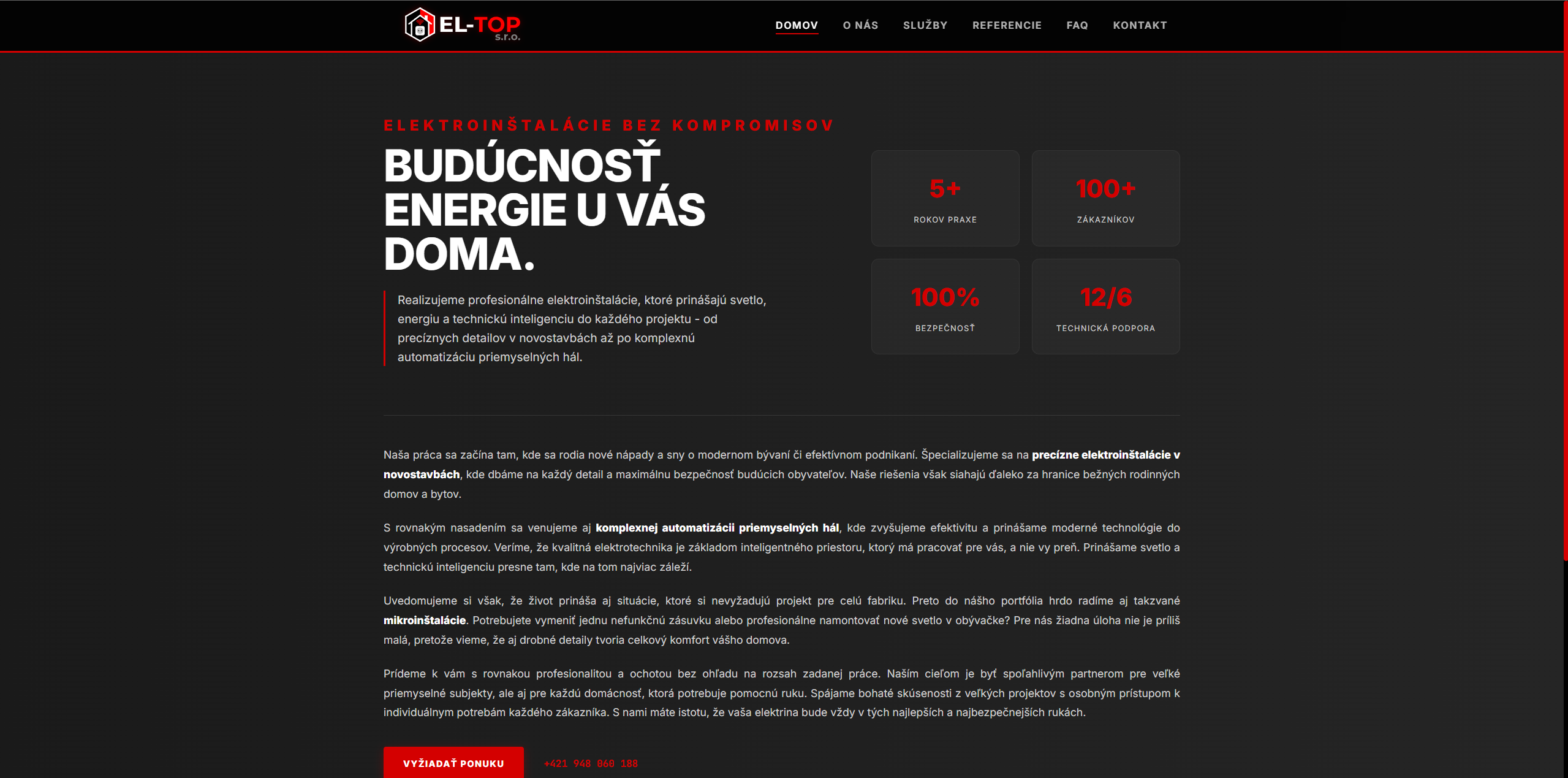 Screenshot domovskej stránky webu EL-TOP